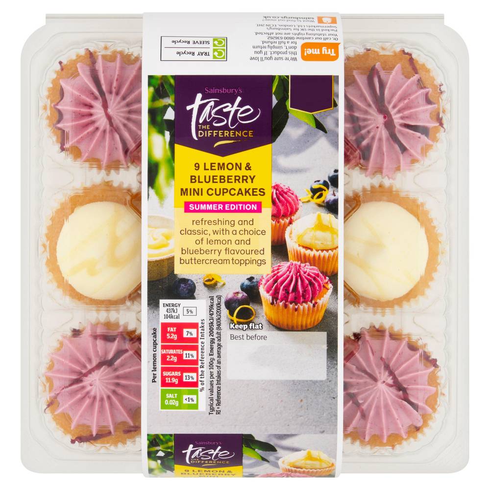 Sainsbury's Lemon & Blueberry Mini Cupcakes, Taste the Difference x9