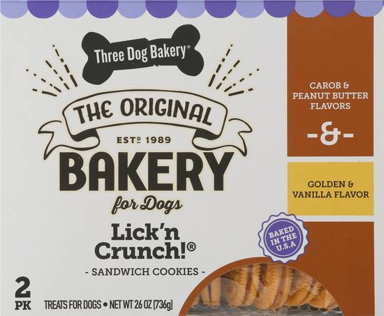 Three Dog Bakery Lick'n Crunch 2 pack Sandwich Cookies Peanut Butter/Golden & Vanilla Flavors Dog Treats (2 ct)