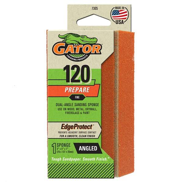 Gator Edge Protect 3-Inch x 5-Inch x 1-Inch Premium Angle Sanding Sponge - 7305, 1 Pack, 120 Grit