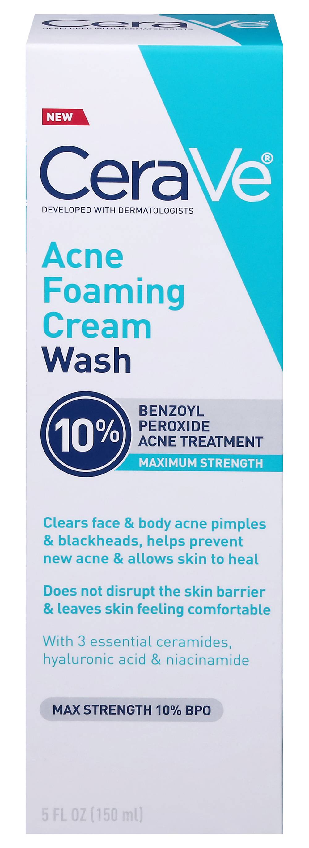CeraVe Acne Foaming Cream Wash With Benzoyl Peroxide For Face & Body (5 fl oz)