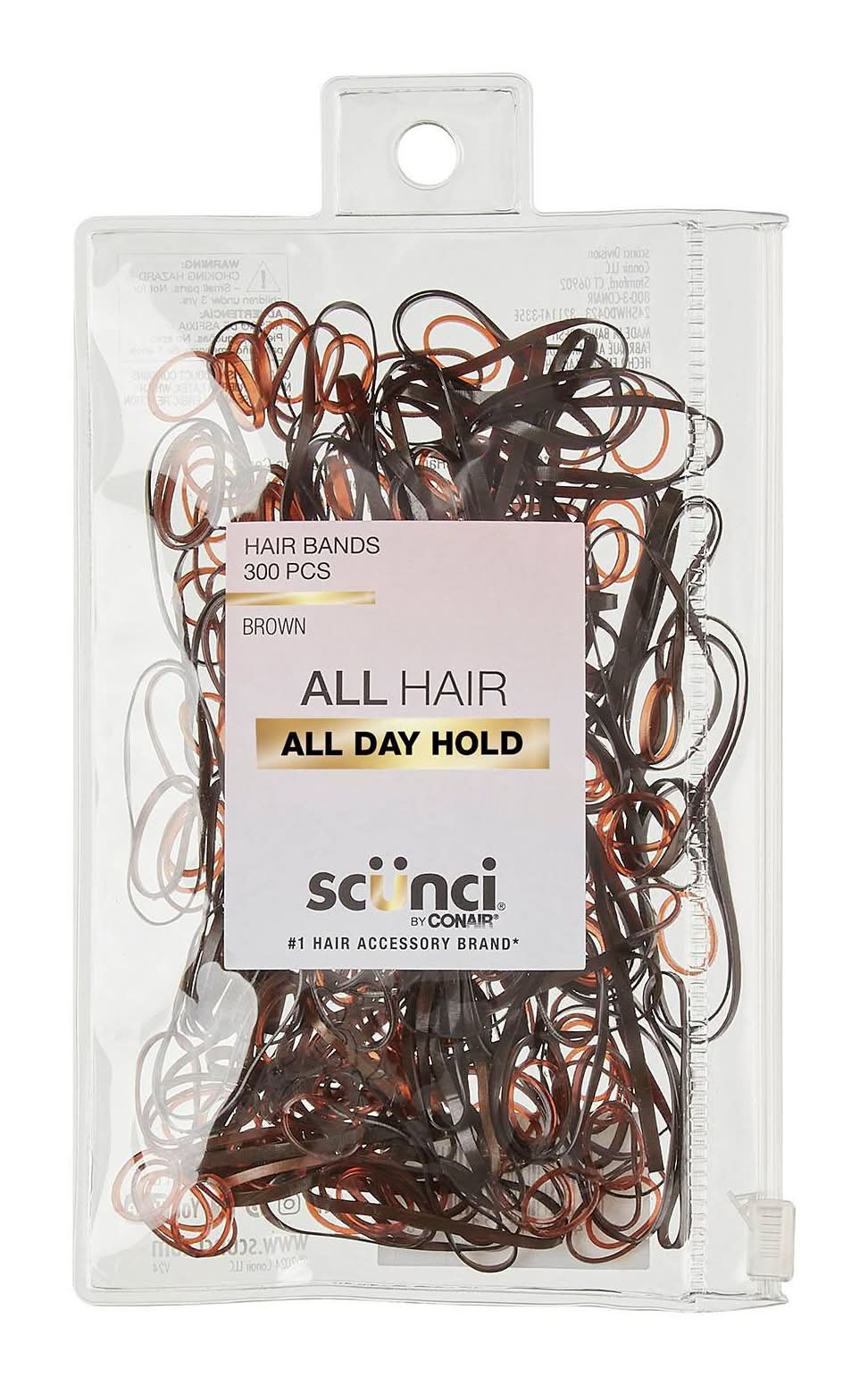 Scunci Mixed Size Polyband Elastic Hair Ties, Brown (300 ct)