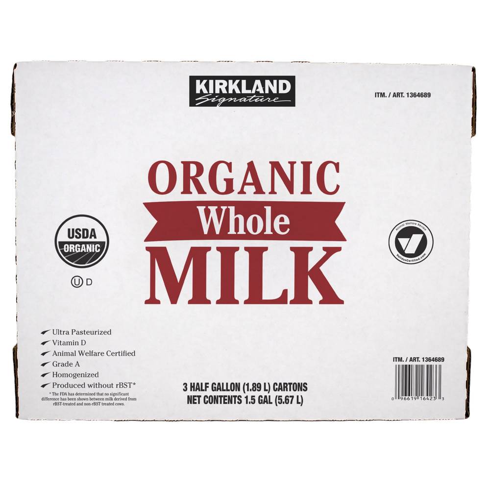Kirkland Signature Organic Whole Milk, Half Gallon, 3-count