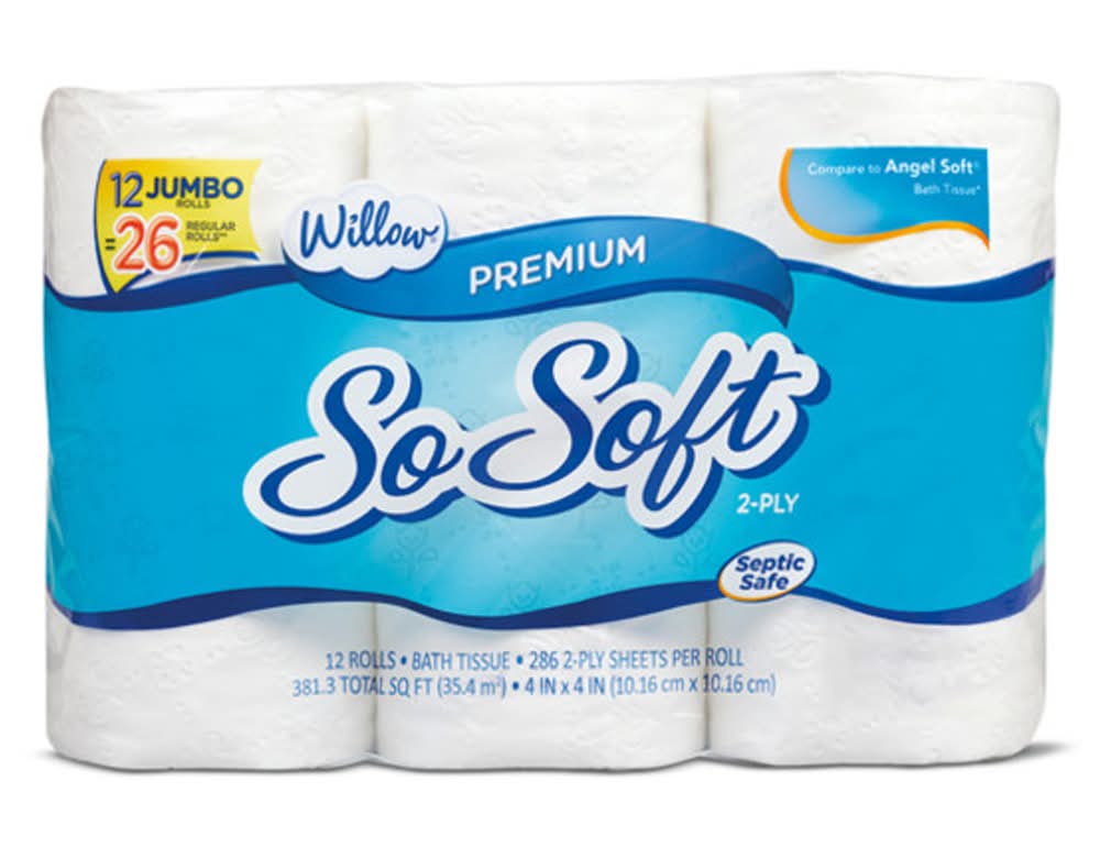 Willow Premium Soft & Strong 2-play Bath Tissue Rolls, 4x4 in, White (12 ct)