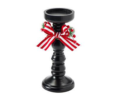 10" Black Wood Candle Holder with Bow, Pine & Berry