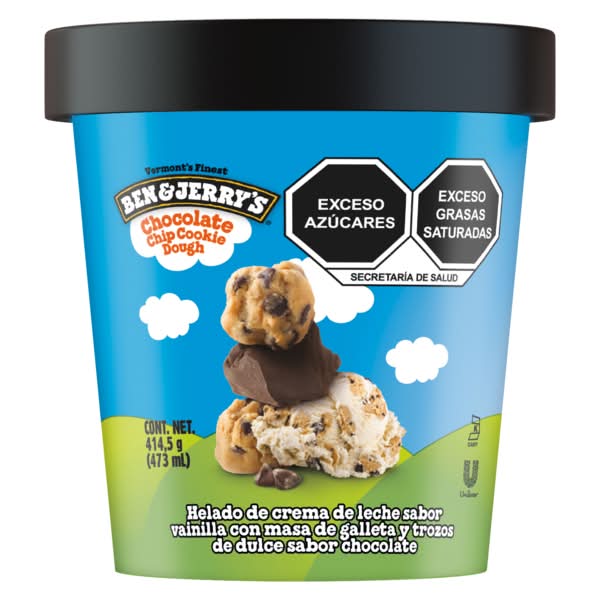 Ben & Jerry's · Helado de crema de leche con masa de galletas y trozos de dulce, vainilla-chocolate (473 ml)