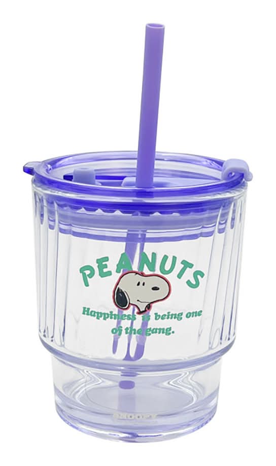 Miniso · Snoopy vaso vintage de vidrio con tapa y popote 400 ml, transparente