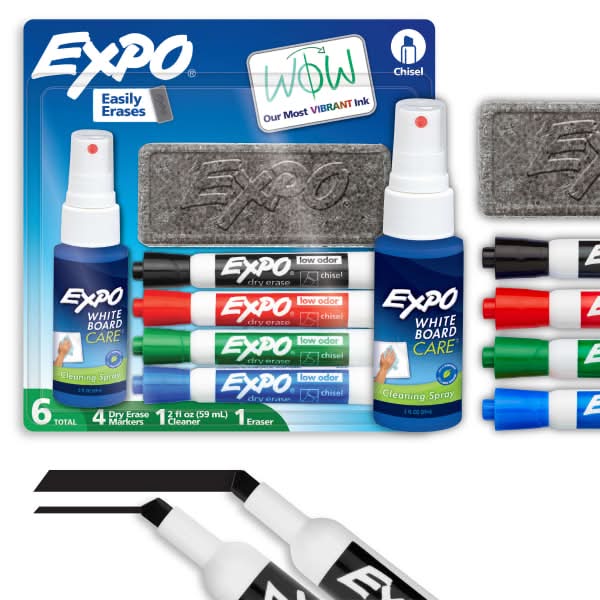 EXPO® Dry-Erase Starter Kit, Low Odor, Chisel-Tip, Assorted Ink Colors, Pack Of 4 Markers