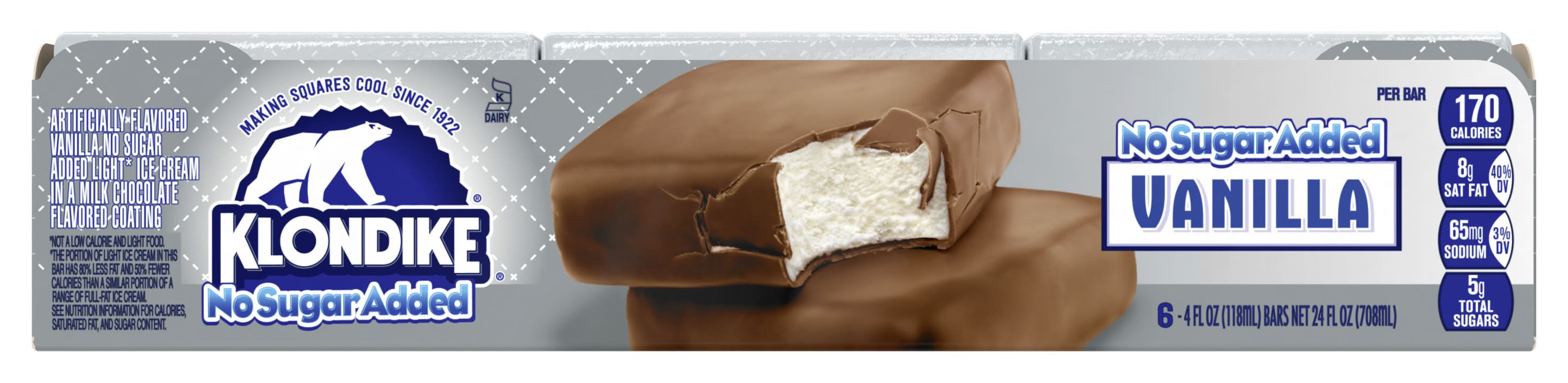 Klondike No Sugar Added Ice Cream Bar, Vanilla (6 x 4 fl oz)