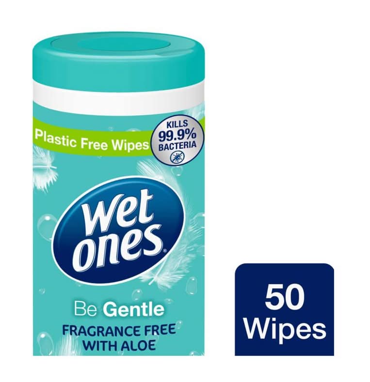 Wet Ones Antibacterial Hand Wipes - Biodegradable & Plastic-Free | Be Gentle Canister | 50 Wipes