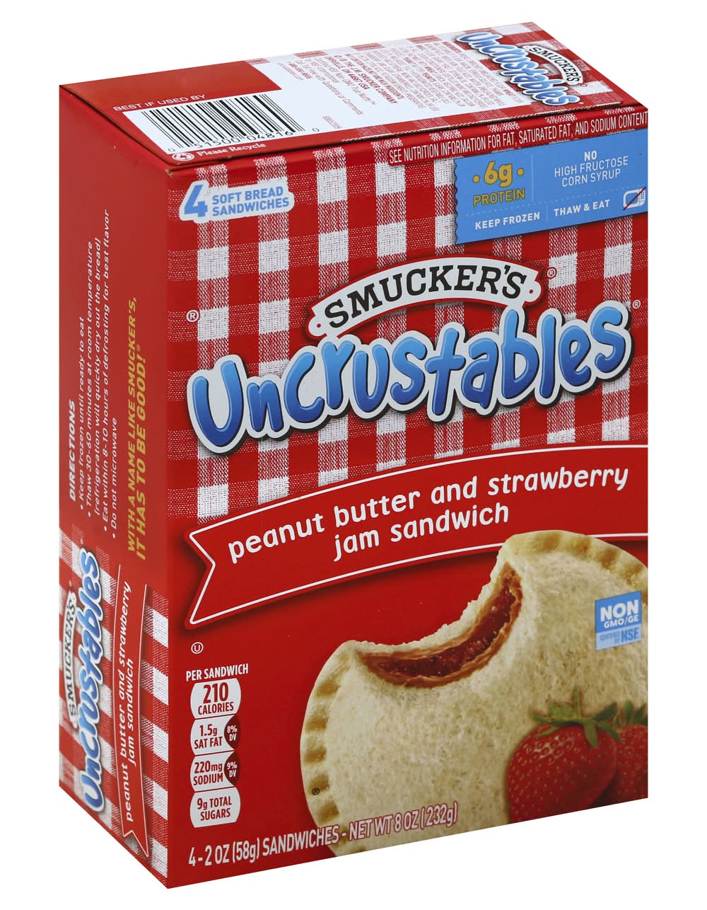 Smucker's Uncrustables Thaw & Eat Soft Bread Sandwiches, Peanut Butter & Strawberry Jam (4 x 2 oz)