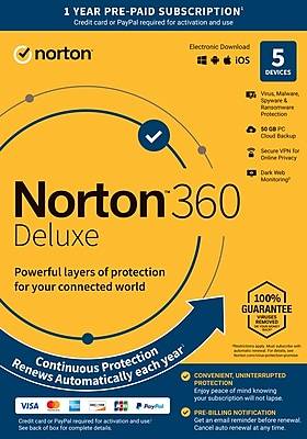Norton 360 Deluxe for 1 User, Windows/Mac/Android/iOS, Auto Renew (21389628)