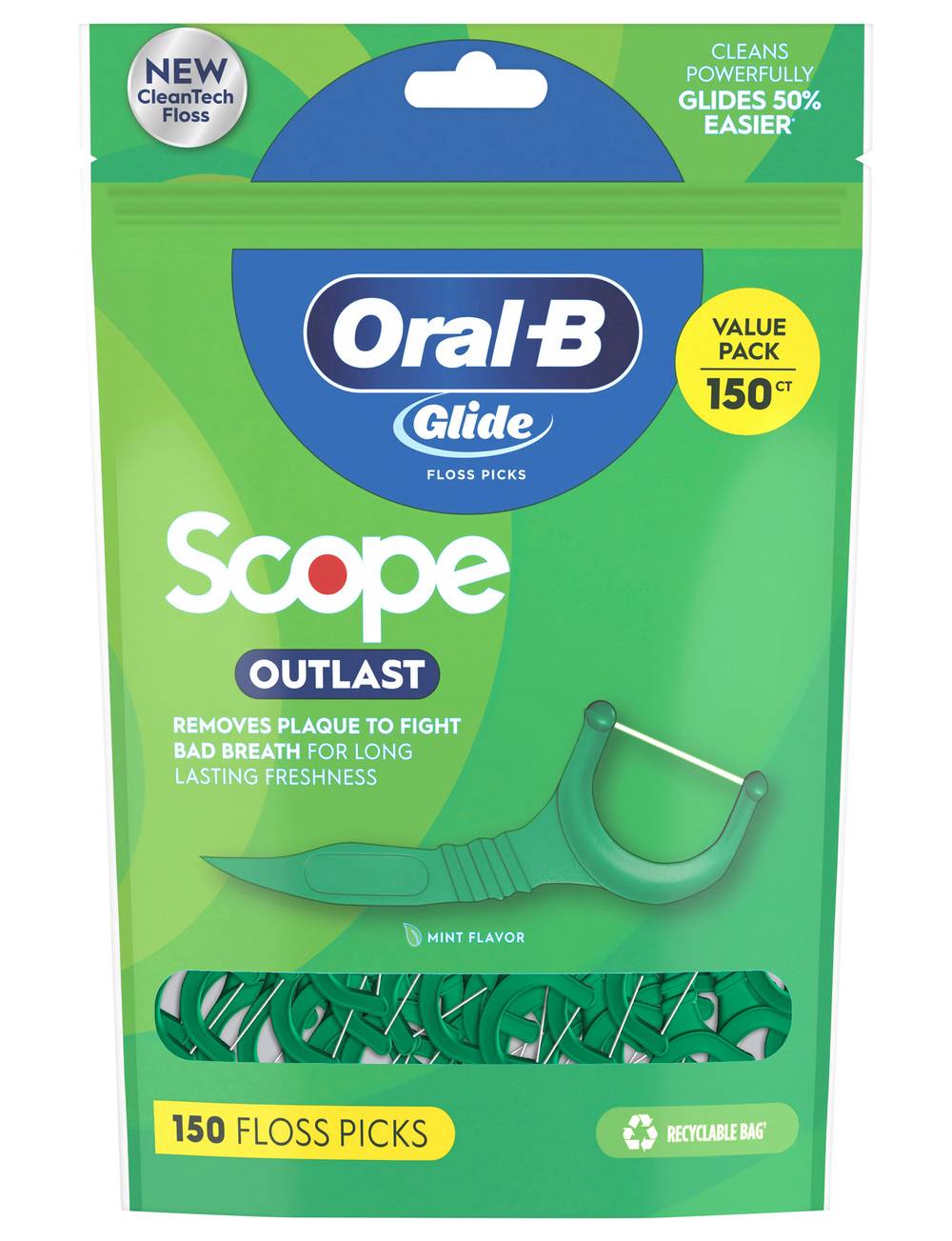 Oral-B Glide Scope Outlast Long Lasting Floss Picks, Mint (5 oz, 150 ct)