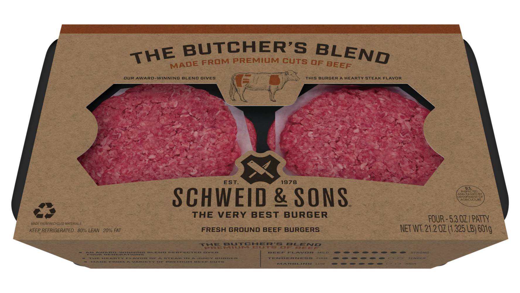 Schweid & Sons Butcher's Blend Fresh Ground Beef Burgers (1.32 lbs, 4 ct)