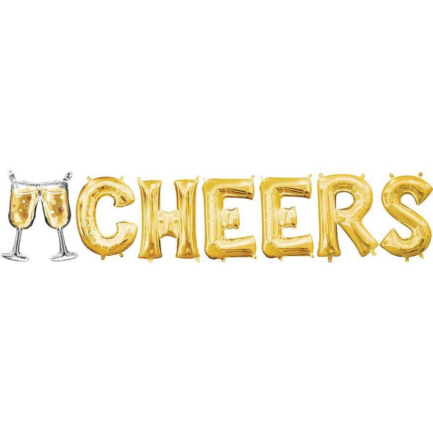 Uninflated Air-Filled Gold Cheers Champagne Flute Foil Balloon Phrase Banner, 16in Letters