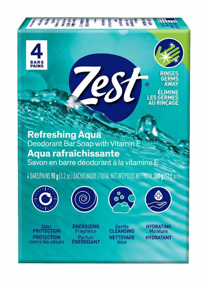 Zest Refreshing Aqua Deodorant Bar Soap With Vitamin E 4 Pk