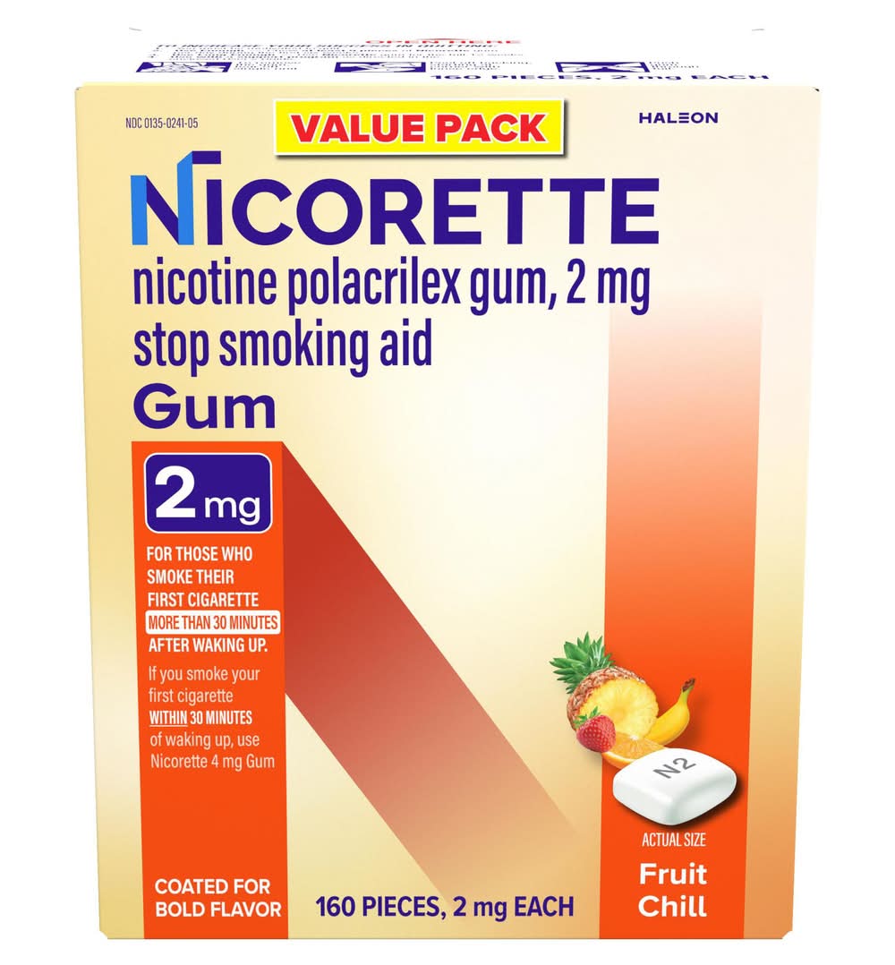 Nicorette Stop Smoking Aid Nicotine Polacrilex Gum 2 mg, Fruit Chill (160 ct)