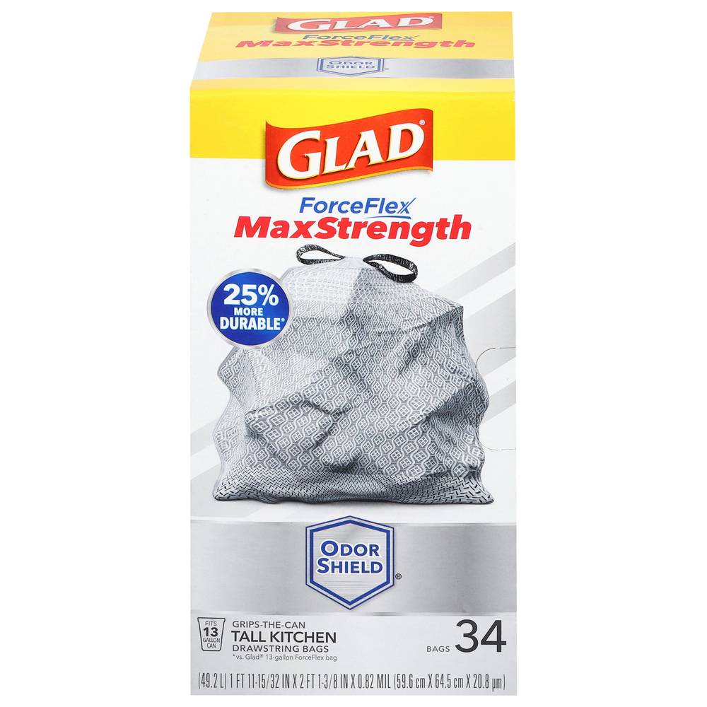 Glad Forceflex Maxstrength Tall Kitchen Drawstring Trash Bags, 60.1 cm × 63.8 cm × 20.8 μm (34 ct)