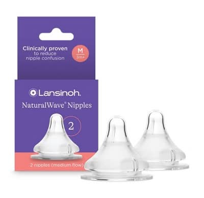 Lansinoh Natural Wave Silicone Anti-Colic Medium Flow Baby Bottle Nipples, 3+ Months (2 ct)
