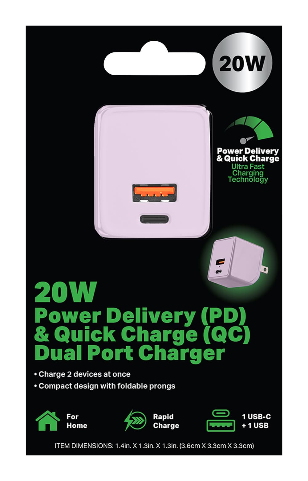 20W Power Delivery & Quick Charge Dual Port Wall Charger Light Purple