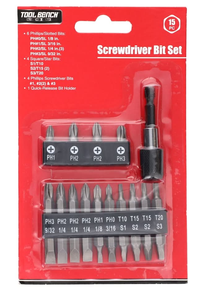 Tool Bench Screwdriver Bit Set, 15-pc Pack.