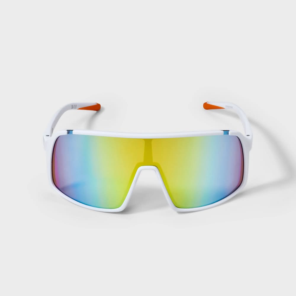 All In Motion Rubberized Plastic Shield Sunglasses With Mirrored Lenses, Men, White