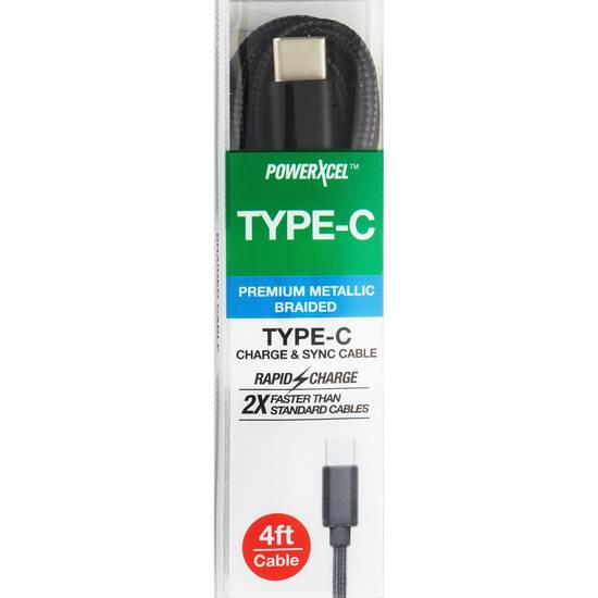 PowerXcel Type-C Charger, Metallic Braided, Assorted Colors, 4 ft