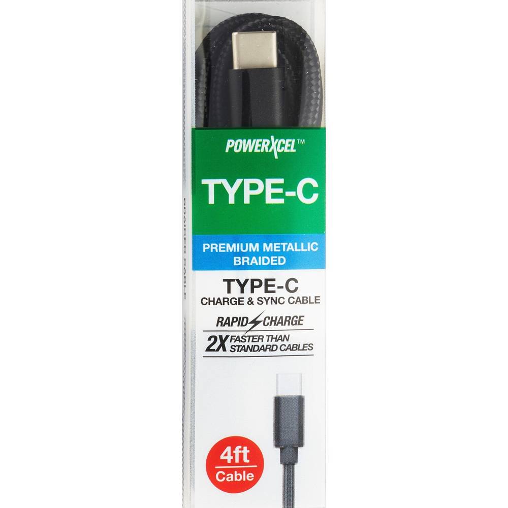 Powerxcel Type-C Charger, Metallic Braided, 4 Ft, Assorted