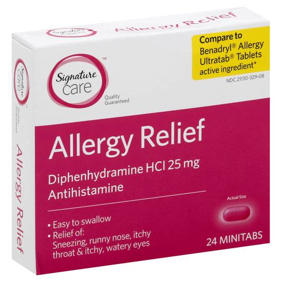 Signature Care Allergy Relief Diphenhydramine Hci 25 mg Antihistamine Minitabs (24 ct)