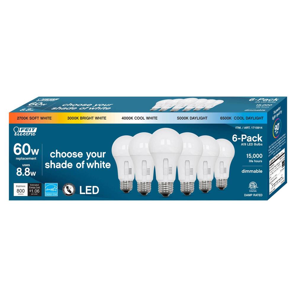 Feit Electric LED 60W Replacement, Dimmable, 6-pack