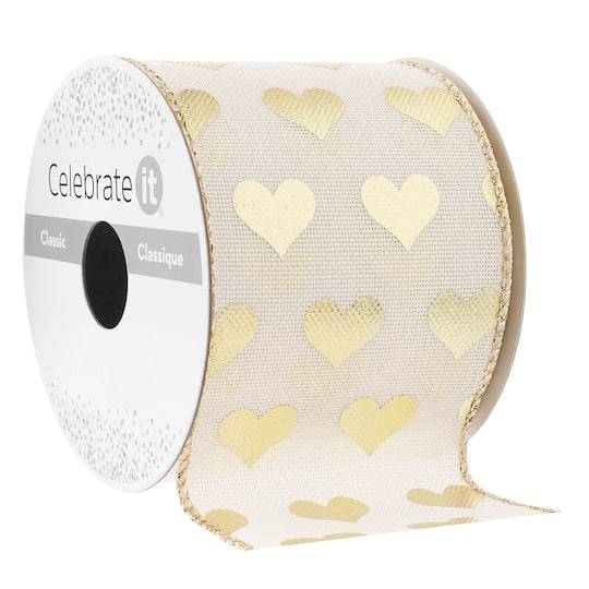 2.5" X 3Yd. Gold Heart Wired Edge Ribbon By Celebrate It