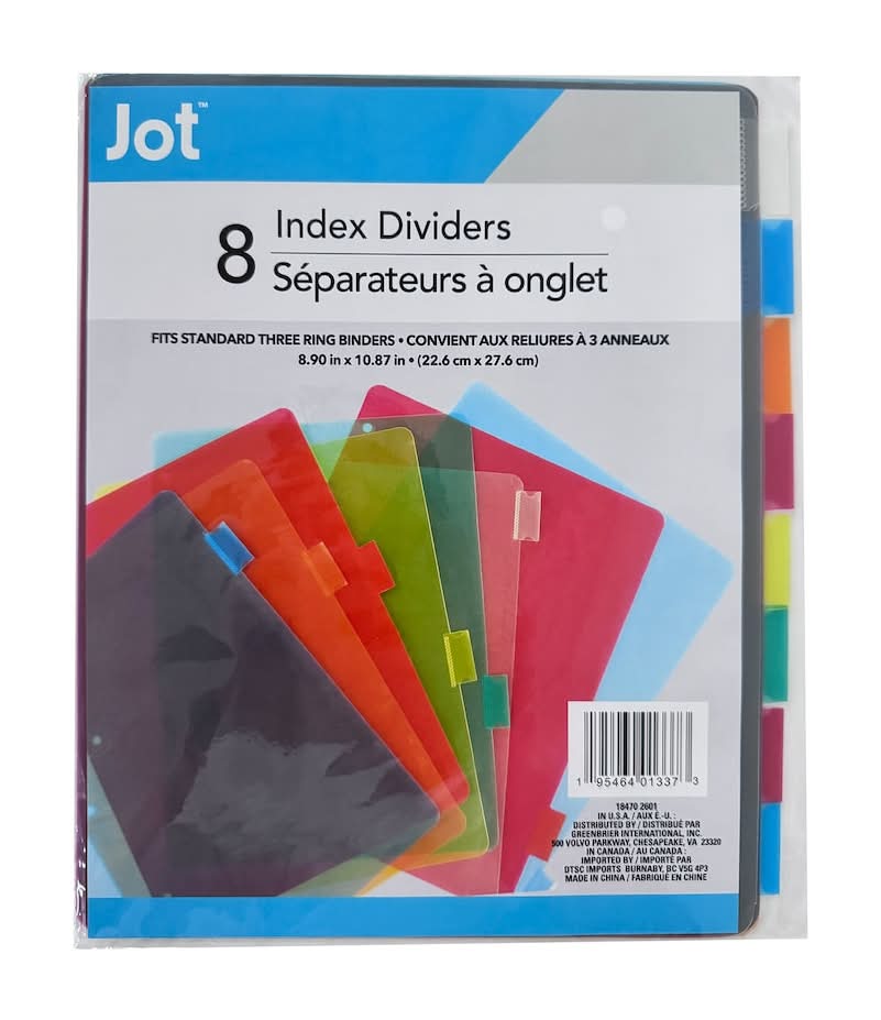 Jot Plastic Index Dividers With Inserts, Assorted (8 ct)