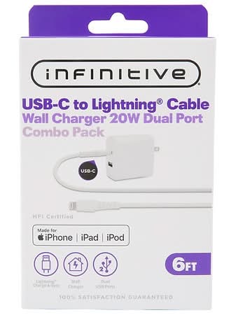 Infinitive Usb-C To Lightning Cable Wall Charger Dual Port Combo pack 20 W, 6 ft, White