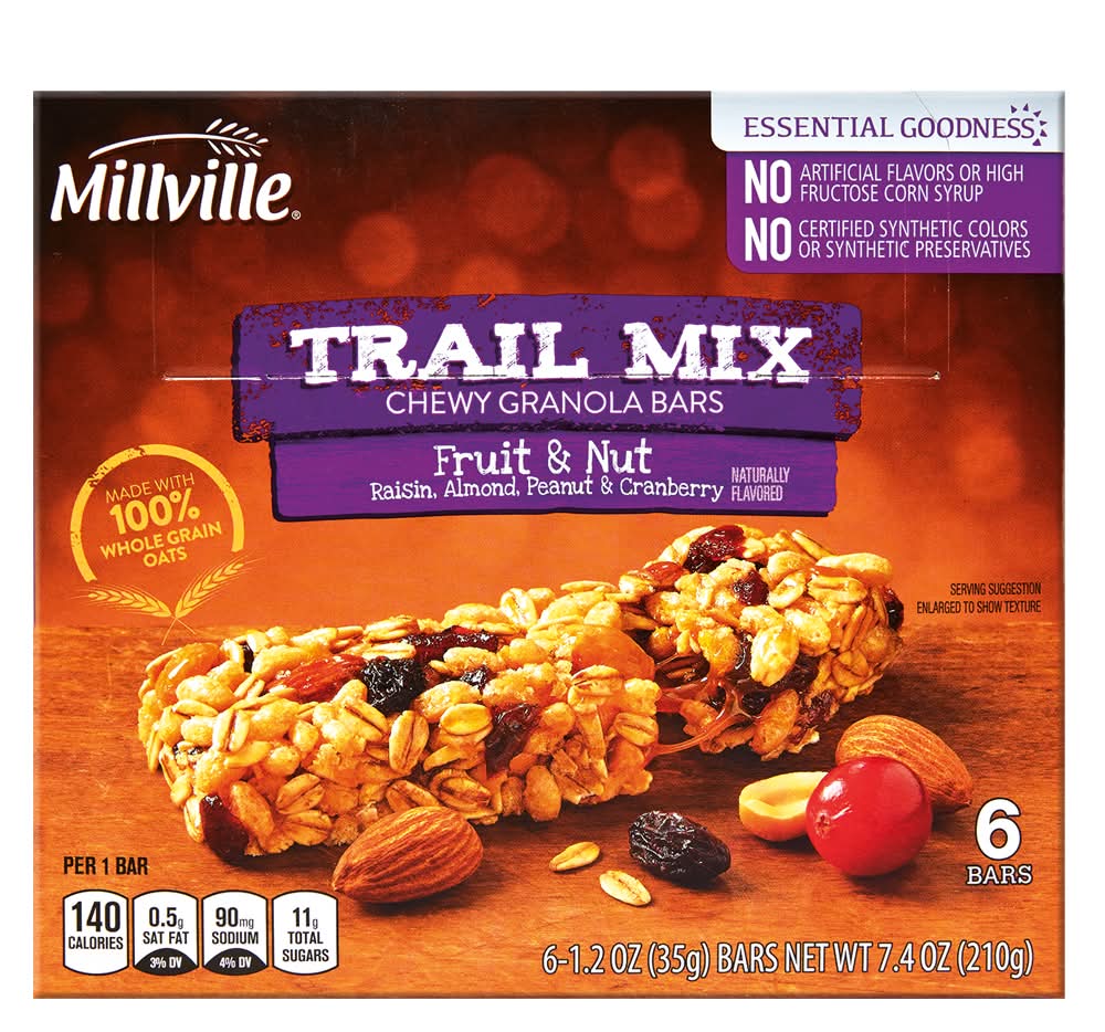 Millville Trail Mix Chewy Granola Bars, Fruit & Nut (6 x 1.2 oz)