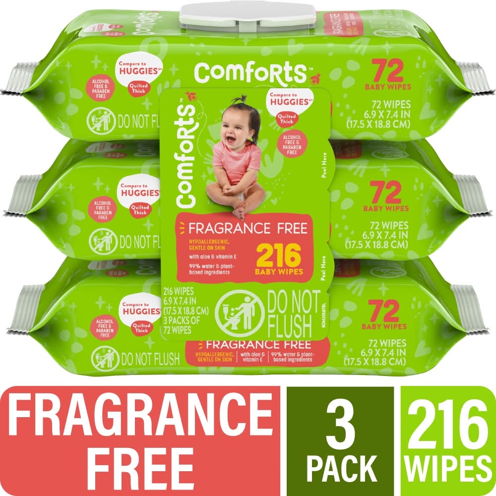 Comforts Fragrance Free Baby Wipes, 6.9x7.4 in (3 ct)