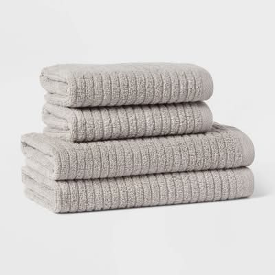 Threshold Quick-Dry Ribbed Bath Towel Set, Light Gray (4 ct)