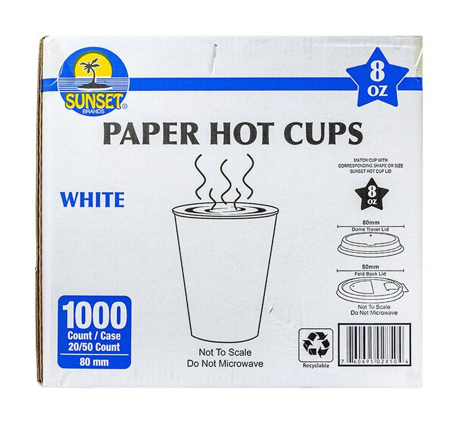 Sunset 8 Oz Paper Hot Cups, White (1000 ct)