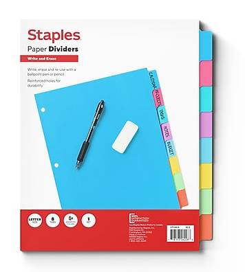 Staples Write & Erase Paper Dividers, Assorted Colors, 8-Tabs (13513/23181)
