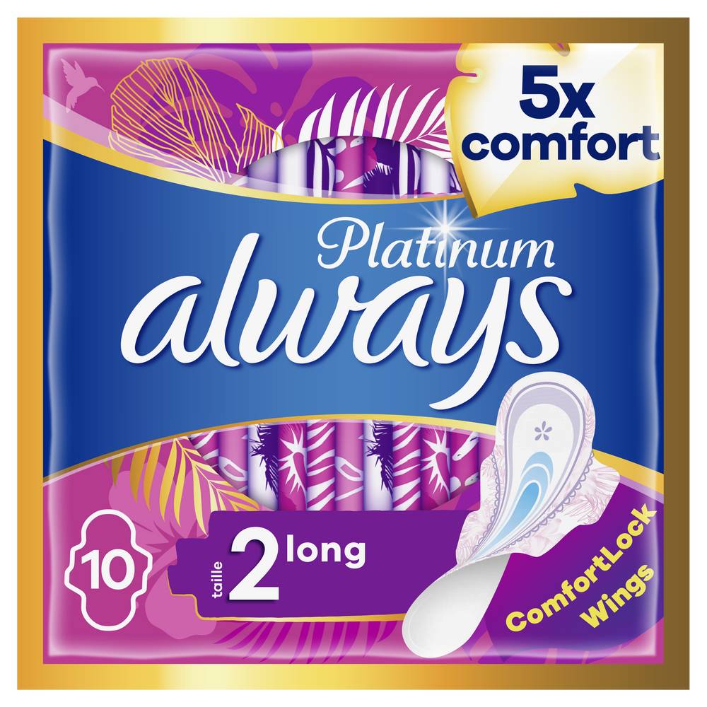 Always - Platinum long taille 2 serviettes hygiéniques avec ailettes (65g)