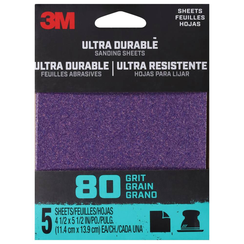 3M 80 Grit Ultra Durable Sanding Sheets, 4.5" x 5.5" (5 ct)