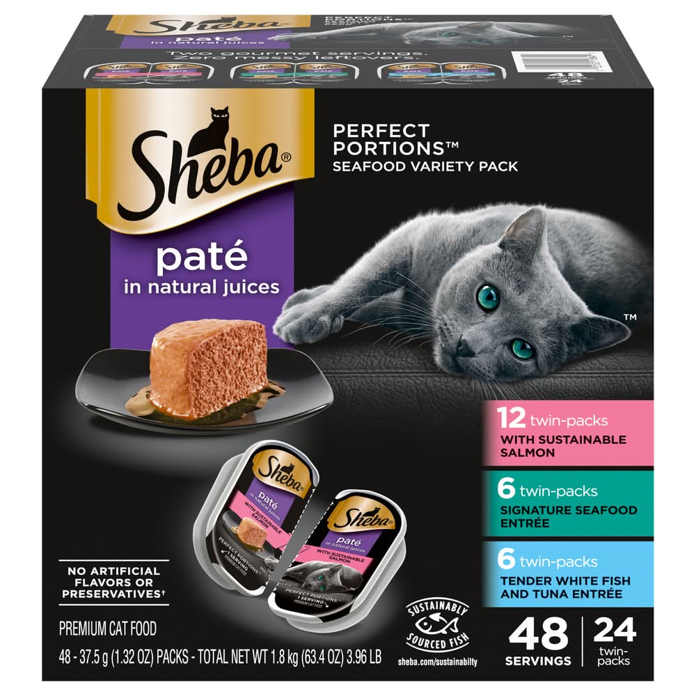 Sheba Perfect Portions Seafood Pate Cat Food Variety pack, Salmon-Signature Seafood Entree-Tender White Fish & Tuna Entree (48 x 37.5 g)