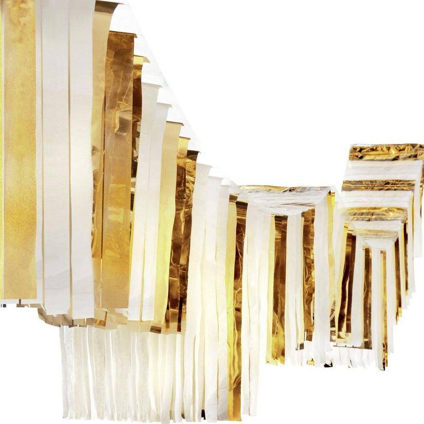 Gold White Accordion Fringe Foil Tissue Ceiling Decoration, 12ft