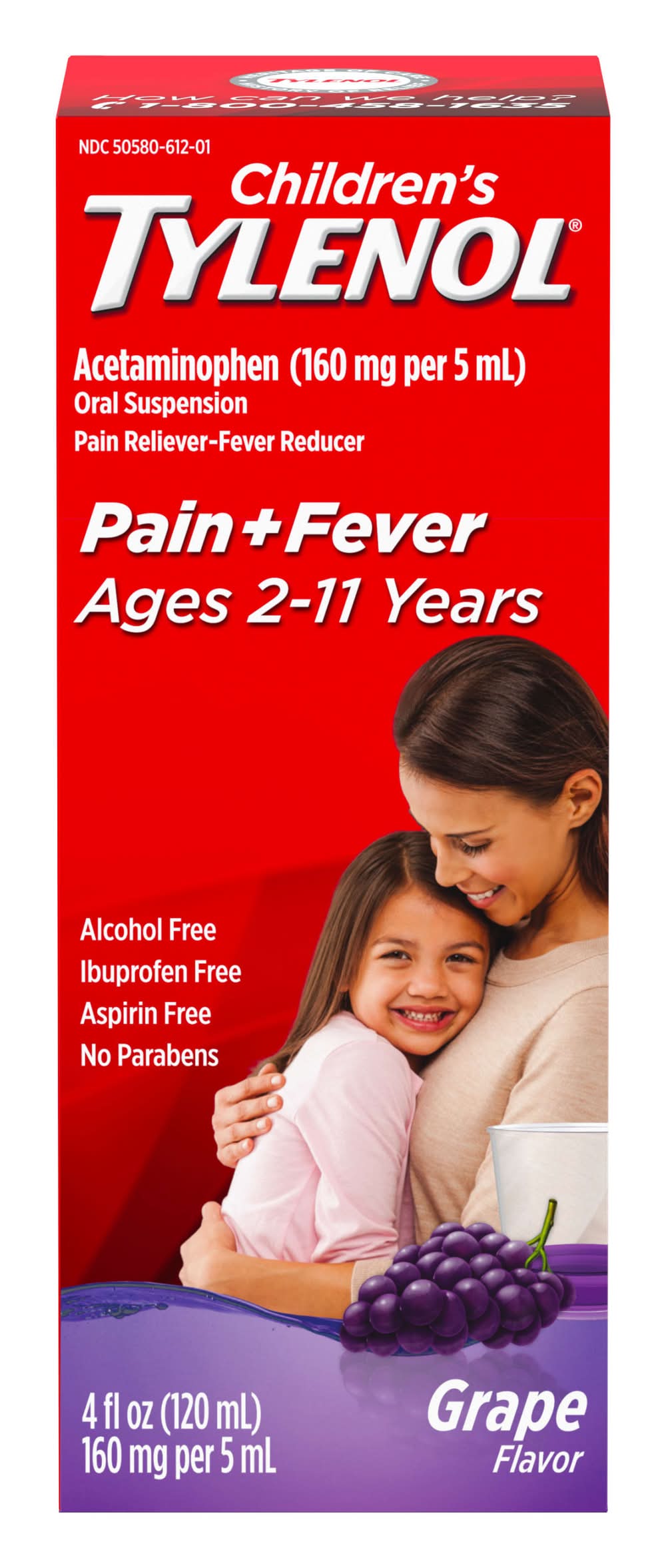 Tylenol Acetaminophen Pain Reliever & Fever Reducer Oral Suspension 2-11 Years, Grape (4 fl oz)
