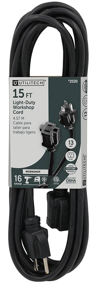 Utilitech Indoor 15-ft 16 / 3 3 Prong Black Indoor SJT Light Duty General Extension Cord | UT502615