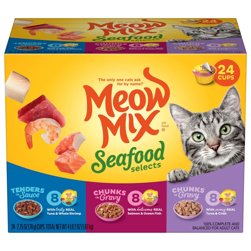 Meow Mix Seafood Selects Cat Food Variety pack, Tuna & Whole Shrimp-Salmon & Ocean Fish-Tuna & Crab, Adult (2.75 lbs, 24 ct)