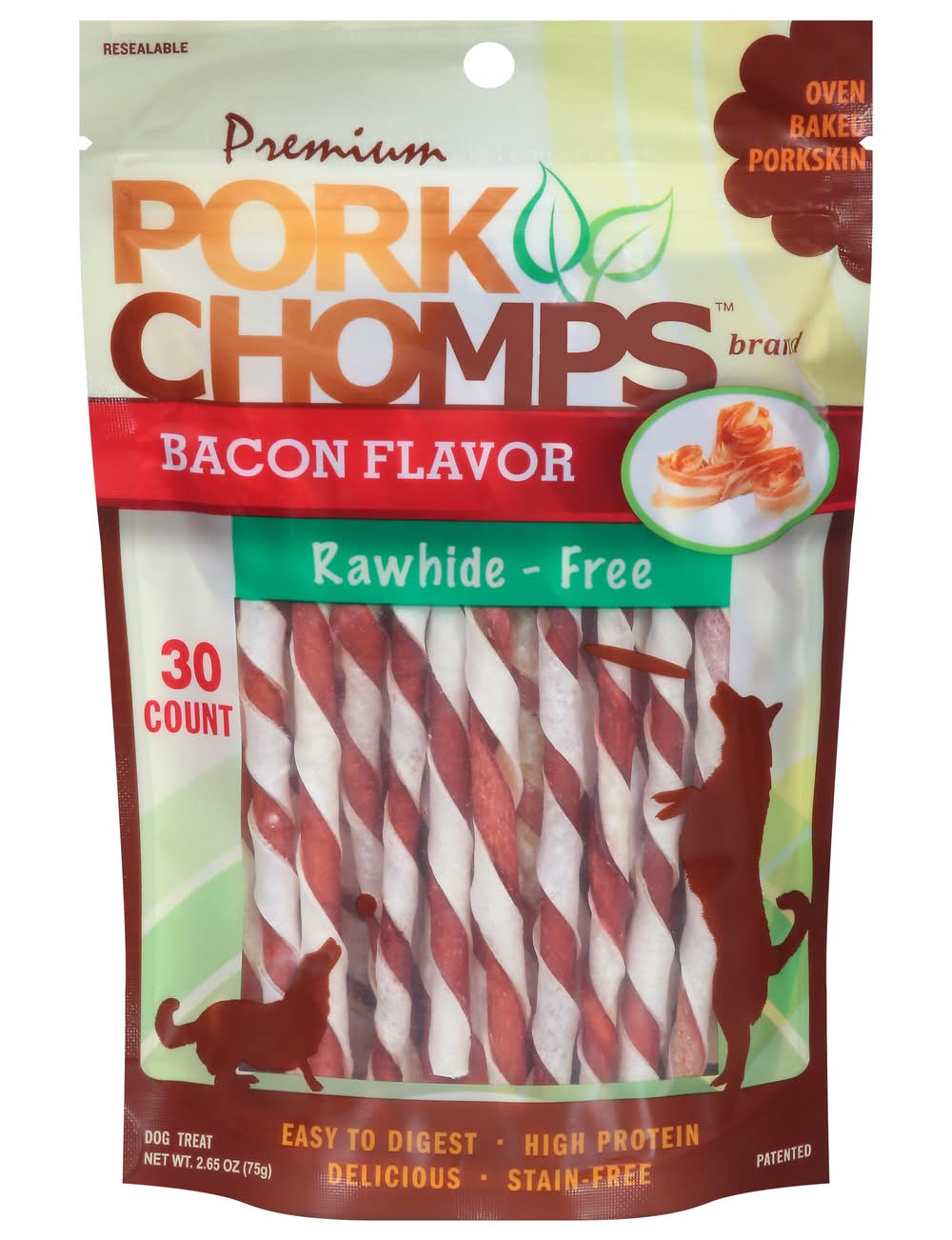 Pork Chomps Premium Rawhide Free Dog Treat, Bacon (2.65 oz, 30 ct)