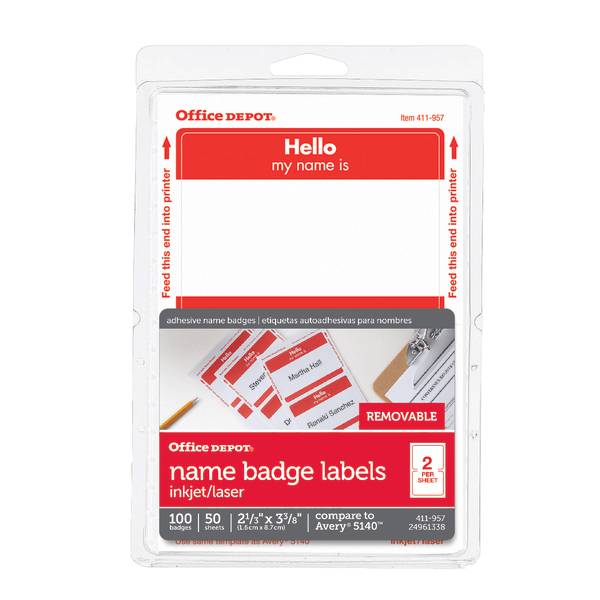 Office Depot Brand Hello Name Badge Labels, 2 11/32" X 3 3/8", Red Border