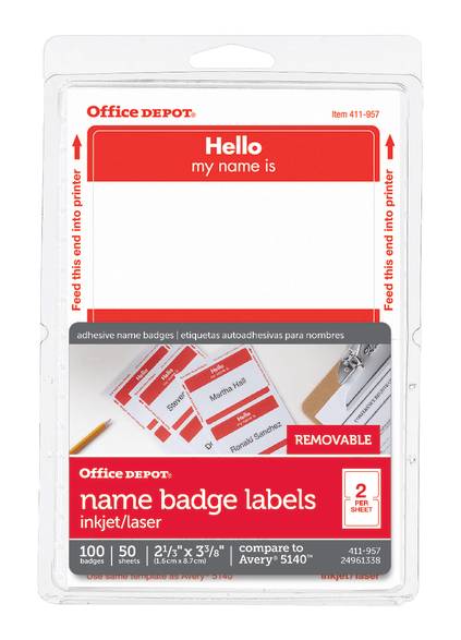 Office Depot Brand Hello Name Badge Labels, 2 11/32" X 3 3/8", Red Border