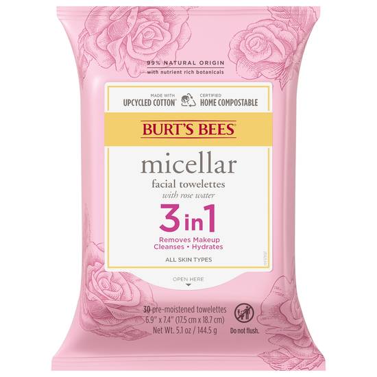 Burt's Bees Micellar 3 in 1 Facial Towelettes With Rose Water (30 ct)
