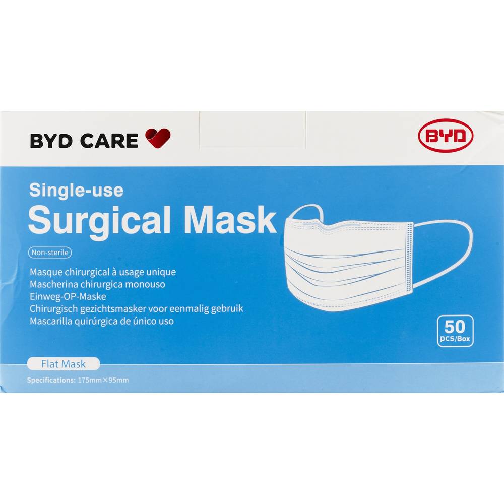 BYD Care Single-Use Surgical Mask, Flat Mask, 50 CT