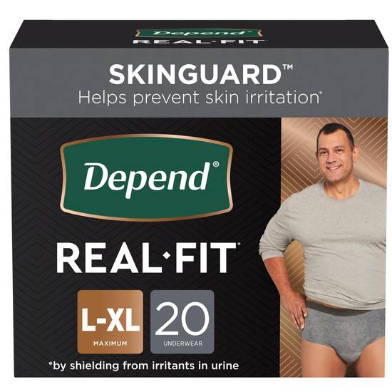 Depend Real Fit for Men Incontinence Briefs Maximum Absorbency, L/XL, Grey, 20 CT